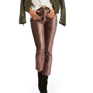 Free People Brown Crushed Velvet Pants Pockets Belt Loops button cropped bootcut